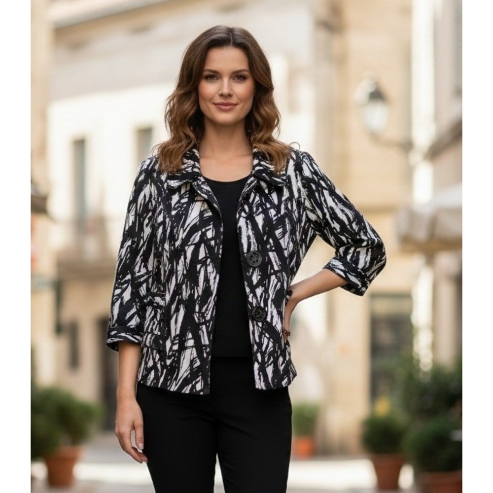 Ecologie Black White Abstract Blazer Jacket Women's L Brushstroke Button Front